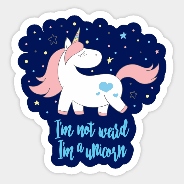 I'm not weird, im a unicorn - Cute little unicorn prancing around saying "I'm not weird, I'm a unicorn" that you and your kids would love! - Available in stickers, clothing, etc Sticker by Crazy Collective